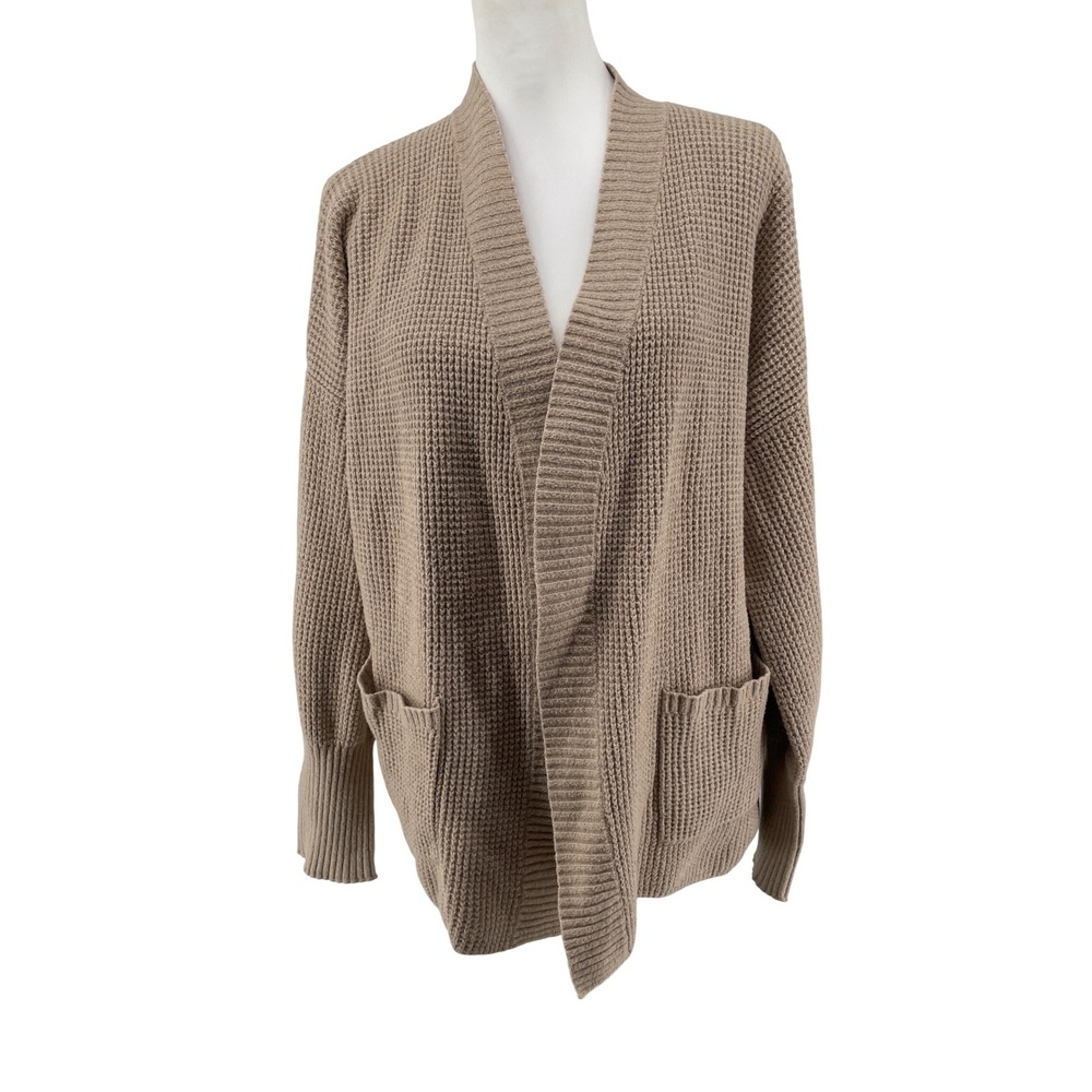 Old Navy Cardigan Sweater Womens Medium Tan Waffle Knit Cottagecore Open Front